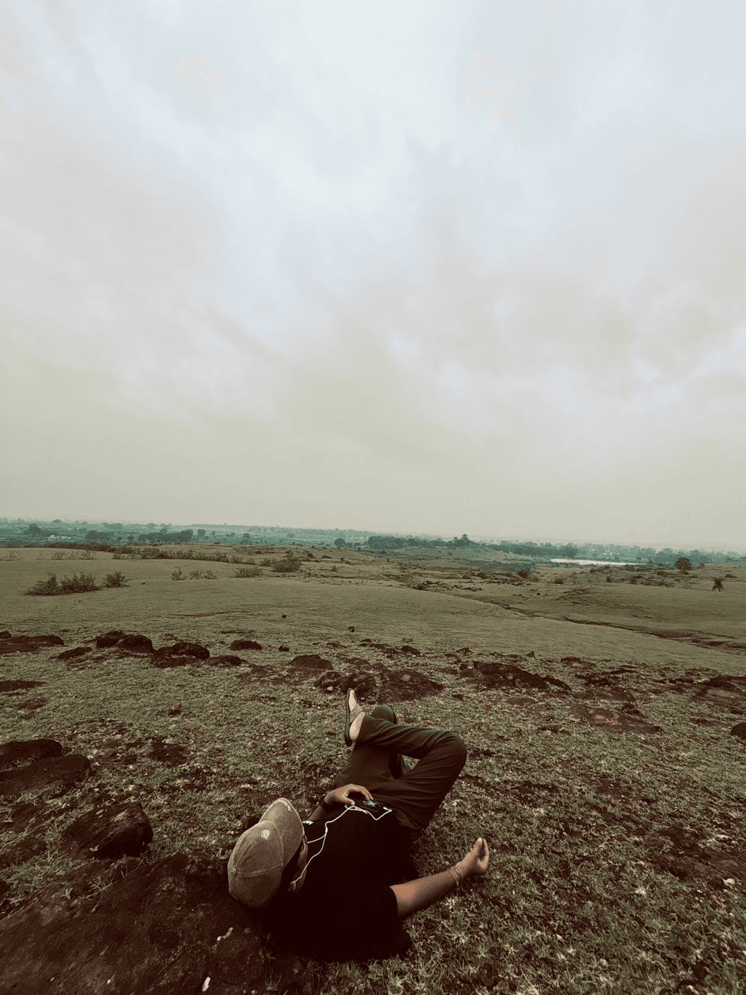 sid lying in a grassy field, looking at a phone